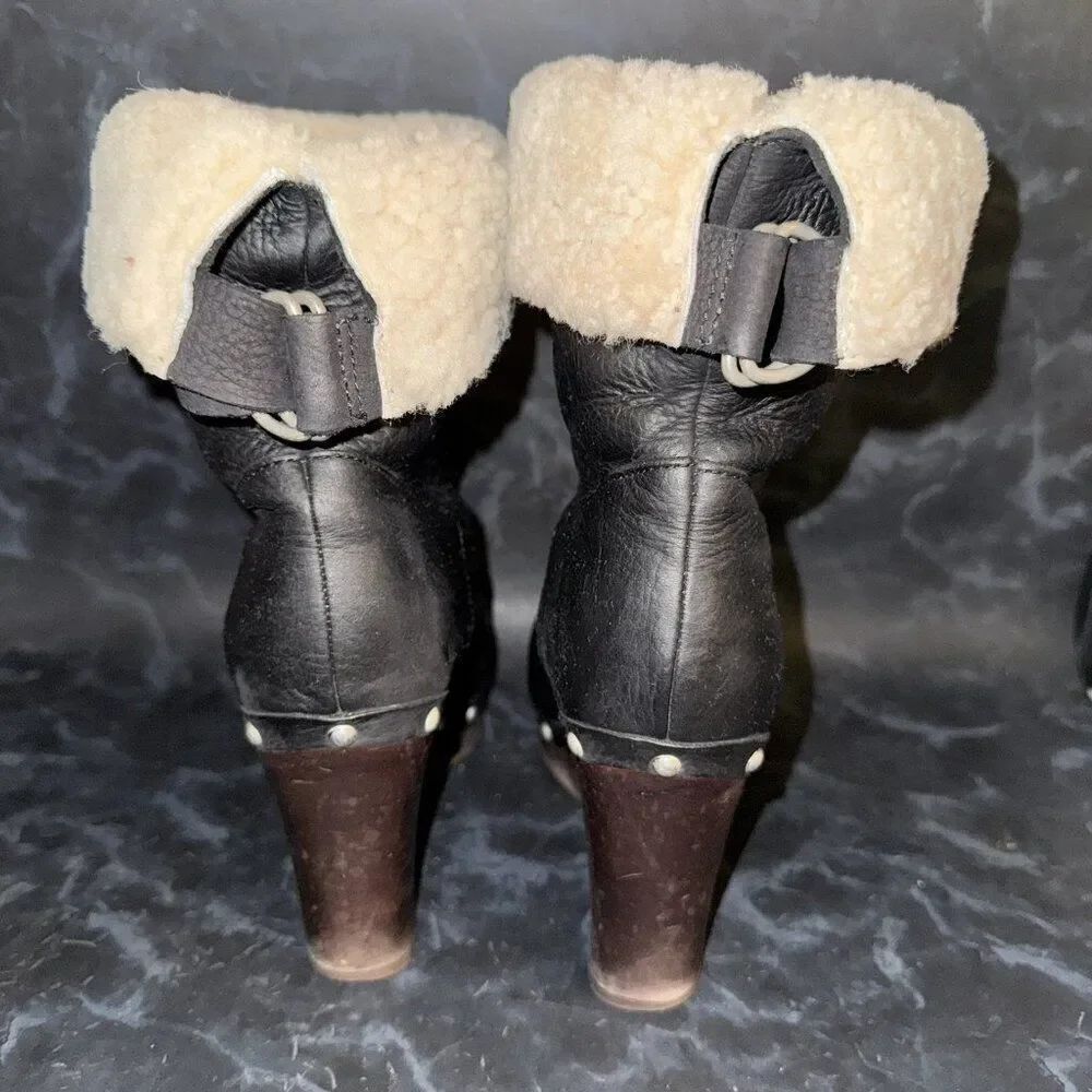 UGG Carnegie Black Nubuck Leather Wooden Wedge Heel Boots Womens Size 6 - Picture 3 of 10